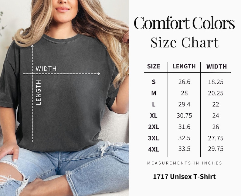 May include: Size chart for a unisex t-shirt in sizes S through 4XL. The chart shows the length and width of the shirt in inches.