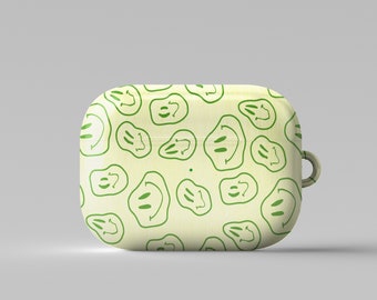 Avocado Green AirPods Case with Keychain: Smiley Face Pattern