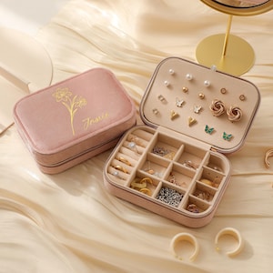 Geburtsblume Schmuck Box Weihnachtsgeschenk, Reise Schmuckschatulle, personalisiertes Geburtstagsgeschenk, Brautparty Geschenke, Brautjungfer Geschenke