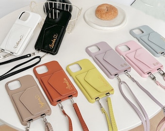 Personalized Leather iPhone Wallet Case with Crossbody Strap