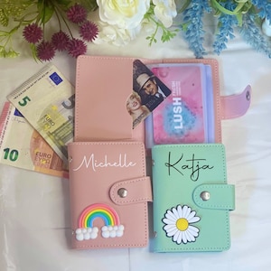 Budgetplaner A7 personalisiert – Mini Kartenhalter in Rosa oder Grün – 12 doppelte Hüllen – Umschlagmethode – Kunstleder Binder
