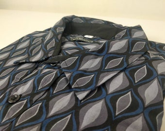 Ribhu men's short-sleeved shirt. Cotton shirt. Blue, gray, and black geometric patterns.