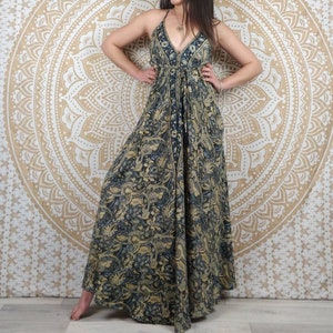 Bellary maxi backless dress in Indian silk. Boho long dress. Black, red, green, grey and pink, blue print.