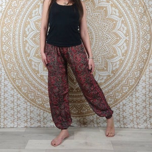 Pantalon Pilani en soie indienne. Pantalon harem coupe droite et ample. Imprimé ethnique noir et rouge / vert et marron / fleuri noir, bleu. image 2