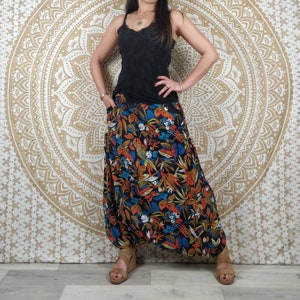 Cotton Haria pants. Harem pants / Adjustable skirt pants with pockets. Black, orange and blue foliage print. image 1