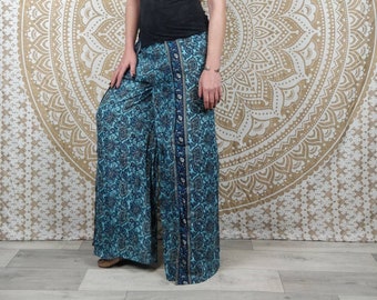 Indian silk Sikar pants. Loose pants, open on the sides. Blue paisley print.