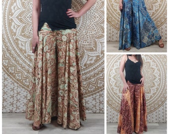 Sirohi women's pants in Indian silk. Skirt pants. Brown and green / brown and orange / blue paisley print.