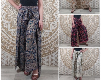 Pantalon thaï femme Moyana en soie indienne. Pantalon portefeuille bohème. Imprimé paisley bleu / fleuri noir et rouge / marron et blanc.