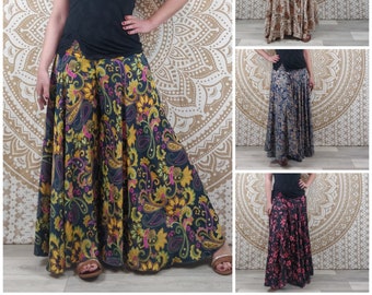 Pantalón de mujer Sirohi en seda india. Pantalón falda. Estampado floral multicolor / rojo y negro / marrón y blanco / paisley azul.