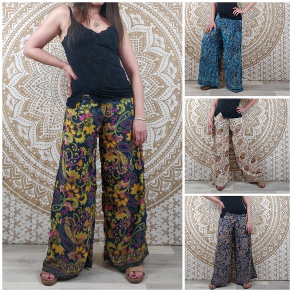 Pantalon femme Ajeeta en soie indienne. Pantalon boho ample, coupe droite. Imprimé paisley bleu / fleuri marron et blanc / multicolore.