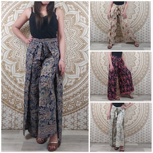 Moyana women's Thai pants in Indian silk. Boho wrap pants. Blue paisley print / black and red floral / brown and white.