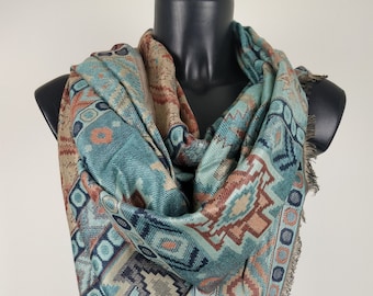 Pashmina Jyoti in viscosa multicolore e reversibile. Motivo Inca, toni turchesi e marroni.