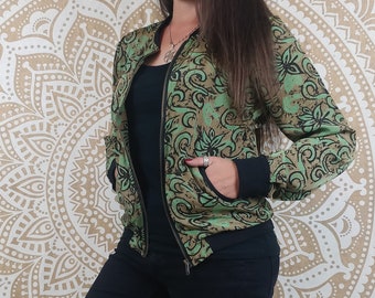 Narayan bomber jacket in Indian silk. Green and brown floral paisley print.
