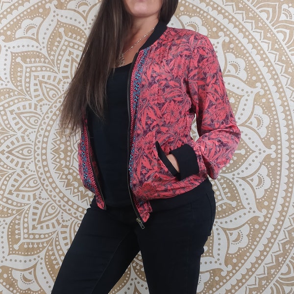 Narayan bomber jacket in Indian silk. Red and brown floral paisley print.