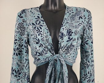 Sehbra top in Indian silk. Wrap blouse / Crop top with flared sleeves. Orange / black and blue / blue and red / pink paisley print.