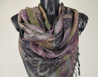 Reversible Mangal Pashmina in modal/silk. Brown, green and purple paisley pattern.