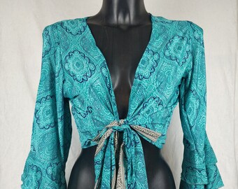 Jalna top in Indian silk. Wrap blouse / Crop top with frou frou flared sleeves. Turquois/white/red/blue and green/black print