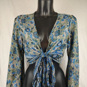 Sehbra top in Indian silk. Wrap blouse / Crop top with flared sleeves. Blue / white / pink / brown / black floral print.