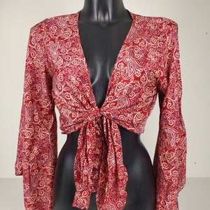 Sehbra top in Indian silk. Wrap blouse / Crop top with flared sleeves. Green / black / yellow / orange and blue / brown floral print.