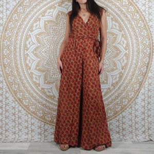 Odisha women&#39;s jumpsuit. Fitted and flared jumpsuit with wide legs. Ethnic print in red, green, black, blue, and turquoise. Lightweight and flowing.