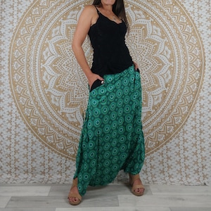 Cotton Haria pants. Harem pants / Adjustable skirt pants with pockets. Green/blue/black and red geometric print. image 2