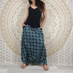 Cotton Haria pants. Harem pants / Adjustable skirt pants with pockets. Turquois geometric print / dark gray, black feathers. Blue