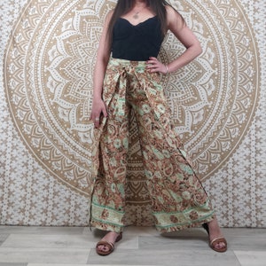 Moyana women&#39;s Thai pants in Indian silk. Boho wrap pants. Brown and green paisley print with gold inserts.