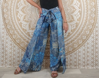 Moyana women's Thai pants in Indian silk. Boho wrap pants. Blue/blue and pink floral print with gold inserts.