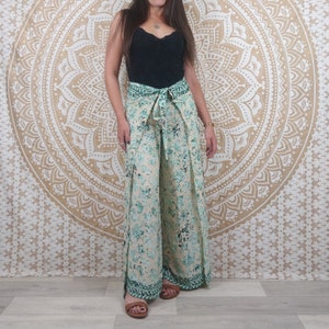 Moyana women's Thai pants in Indian silk. Boho wrap pants. Green, white and gold print / black floral / purple paisley / blue Vert, blanc, or