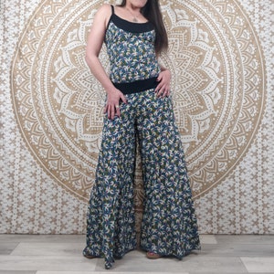 Mohana women's cotton jumpsuit. Elephant leg jumpsuit. Brown floral print.