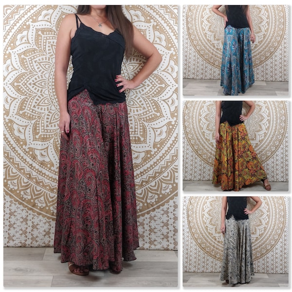Pantalon femme Sirohi en soie indienne. Pantalon jupe. Imprimé ethnique rouge et noir / jaune et orange / bleu / paisley gris et noir