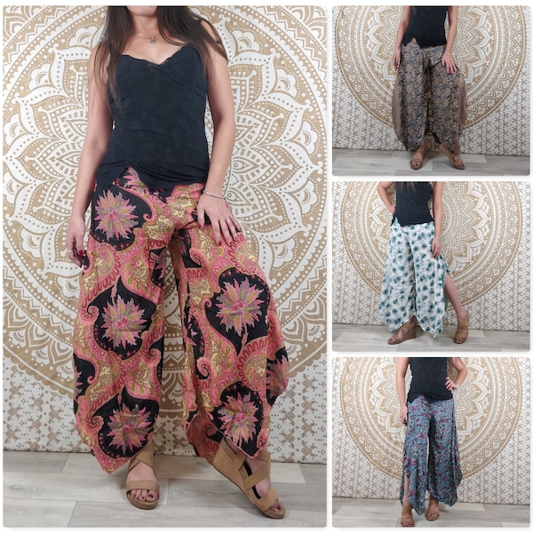 Pantalón de mujer Lubbha en seda india. Corte evasé, aberturas a los lados. Estampado étnico rosa y negro / paisley azul / floral negro / blanco