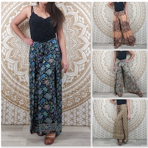 Moyana women's Thai pants in Indian silk. Boho wrap pants. Black and blue floral print / brown and gold pailsey / brown