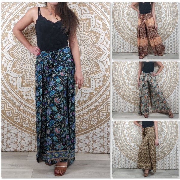 Pantalon thaï femme Moyana en soie indienne. Pantalon portefeuille bohème. Imprimé fleuri noir et bleu / pailsey marron et or / marron