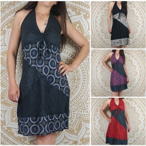 Indora short cotton dress. Two-tone boho summer dress. Gray print with orange/black inserts.