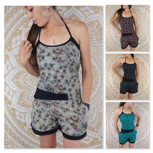 Karkan cotton playsuit. Short jumpsuit with pocket and asymmetrical belt. Gray / green / black / black and red ethnic print