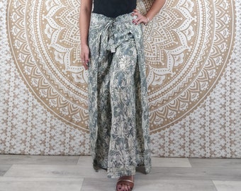 Moyana women's Thai pants in Indian silk. Boho wrap pants. White, gray and green ethnic print with gold inserts.