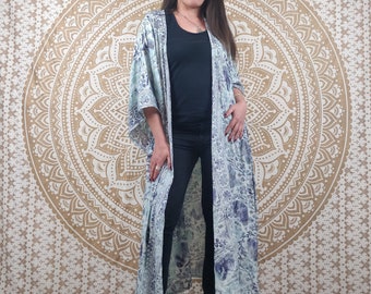 Javeda women's long kimono in Indian silk. Boho kimono with loose sleeves. Blue and white floral print with gold inserts.