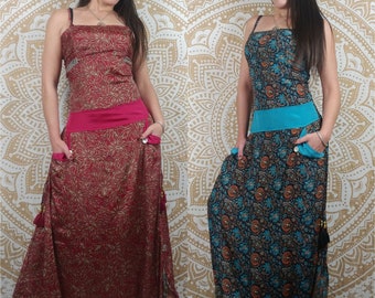 Combinaison femme Mumbai en soie indienne. Combi sarouel ajustable avec poches. Imprimé fleurs noir, bleu et orange / paisley rouge.