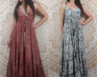 Robe longue femme Sareya en soie indienne. Maxi robe bohème ajustée et évasée. Imprimé fleuri blanc, gris / paisley rouge / noir, bleu