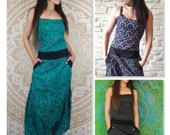 Overall aus Mumbai-Baumwolle. Verstellbarer Haremsoverall mit Taschen. Grüner und gelber Druck / blaues Blumenmuster / dunkelgraue Federn / rotes Mandala