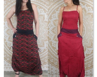 Combinaison Mumbai en coton. Combi sarouel ajustable avec poches. Imprimé mandala rouge / noir, rouge et vert.