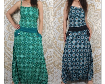 Combinaison Mumbai en coton. Combi sarouel ajustable avec poches. Imprimé géométrique turquois / vert.