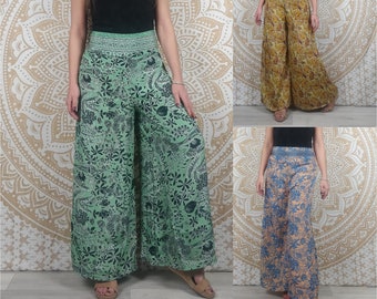 Pantalon femme Ajeeta en soie indienne. Pantalon boho ample, coupe droite. Imprimé fleuri vert / jaune / orange et bleu.