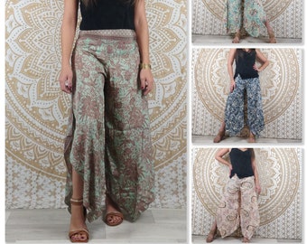 Lubbha women's pants in Indian silk. Flared cut, slit on the sides. Mint floral print, brown / pink / blue paisley / gray, white