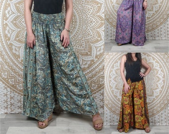 Korba pants in Indian silk. Loose skirt pants. White and blue/purple/yellow and orange paisley print.