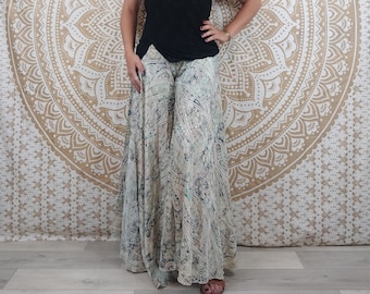 Sirohi women's pants in Indian silk. Skirt pants. Blue and white paisley print with gold inserts.