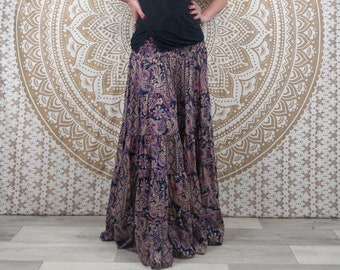 Khyala long skirt in Indian silk. 2 in 1 flared skirt with ruffles. Blue and purple / yellow / orange and blue / purple paisley print.