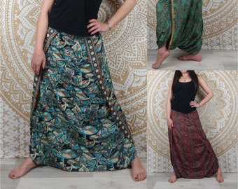 Pantalon Darima en soie indienne. Pantalon jupe / sarouel ouvert sur les côtés. Imprimé ethnique rouge et noir / fleuri vert / fleuri bleu.