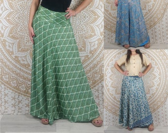 Saneha women's long skirt in Indian silk. Maxi flared boho skirt. Green and white ethnic print / blue paisley / blue floral.